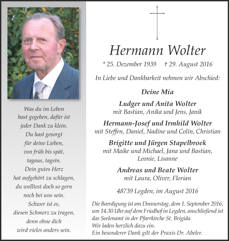  Traueranzeige für Hermann Wolter vom 31.08.2016 aus Münstersche Zeitung und Münsterland Zeitung