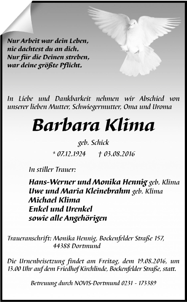  Traueranzeige für Barbara Klima vom 13.08.2016 aus Ruhr Nachrichten