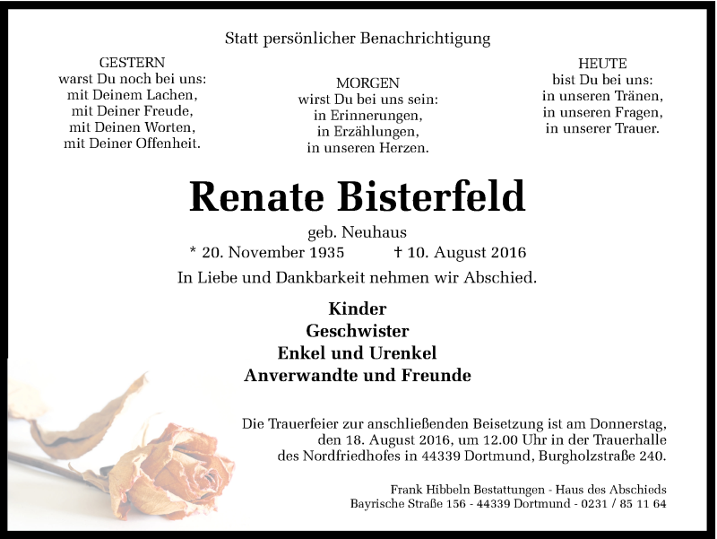  Traueranzeige für Renate Bisterfeld vom 13.08.2016 aus Ruhr Nachrichten