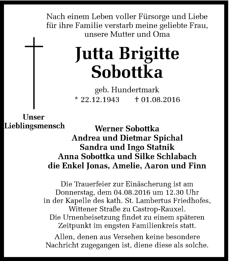  Traueranzeige für Jutta Brigitte Sobottka vom 02.08.2016 aus Ruhr Nachrichten