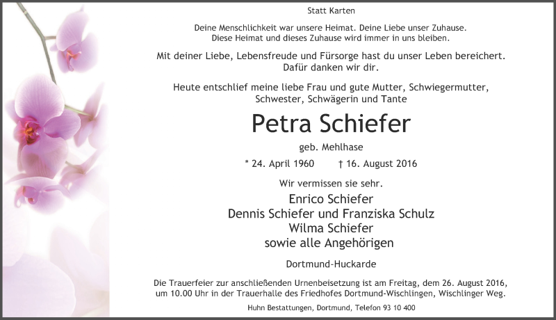  Traueranzeige für Petra Schiefer vom 23.08.2016 aus Ruhr Nachrichten