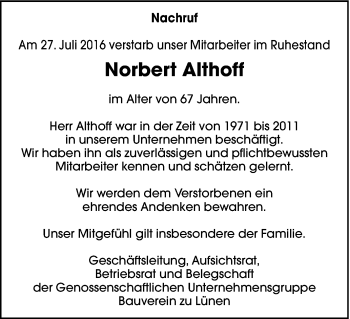 Traueranzeige von Norbert Althoff von Ruhr Nachrichten