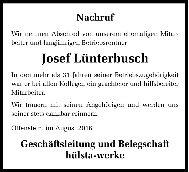  Traueranzeige für Josef Lünterbusch vom 19.08.2016 aus Münstersche Zeitung und Münsterland Zeitung