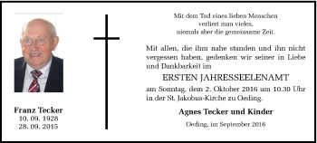 Traueranzeige von Franz Tecker von Münstersche Zeitung und Münsterland Zeitung