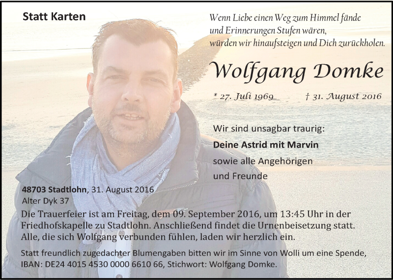  Traueranzeige für Wolfgang Domke vom 06.09.2016 aus Münstersche Zeitung und Münsterland Zeitung