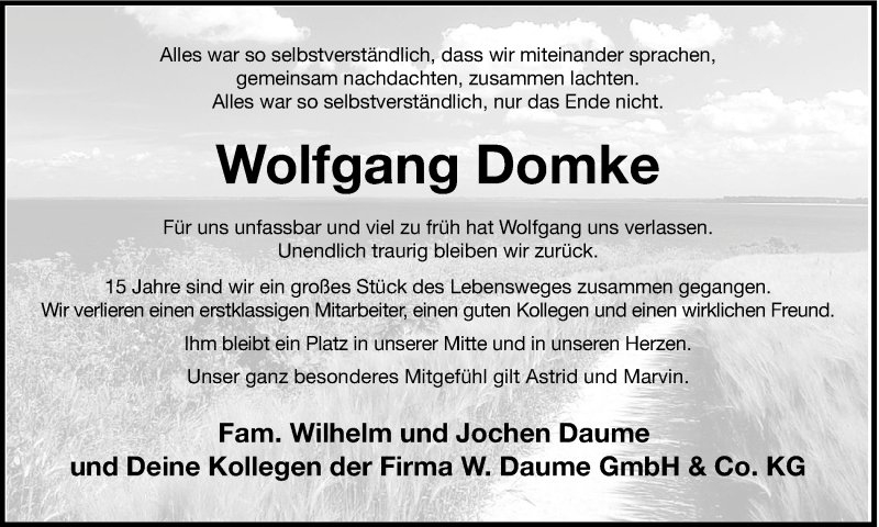  Traueranzeige für Wolfgang Domke vom 08.09.2016 aus Münstersche Zeitung und Münsterland Zeitung