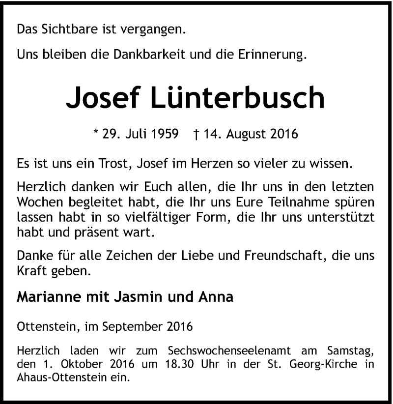  Traueranzeige für Josef Lünterbusch vom 27.09.2016 aus Münstersche Zeitung und Münsterland Zeitung
