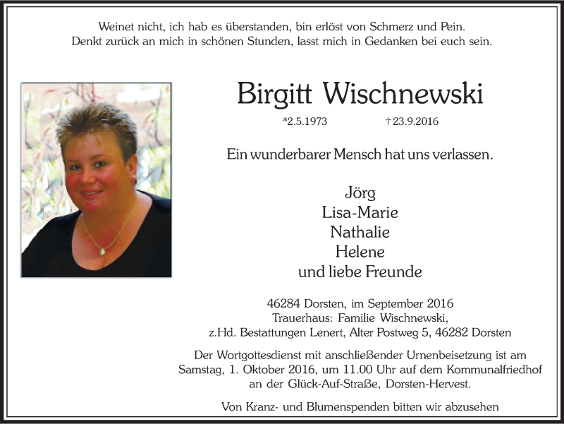  Traueranzeige für Birgitt Wischnewski vom 27.09.2016 aus Ruhr Nachrichten und Dorstener Zeitung