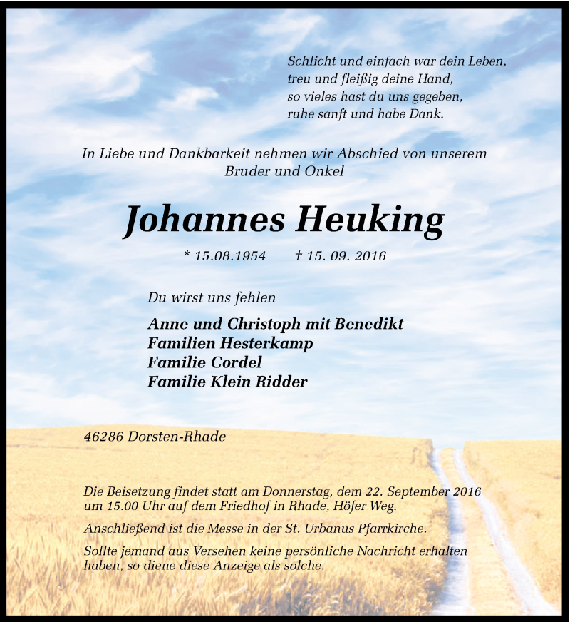  Traueranzeige für Johannes Heuking vom 19.09.2016 aus Ruhr Nachrichten und Dorstener Zeitung