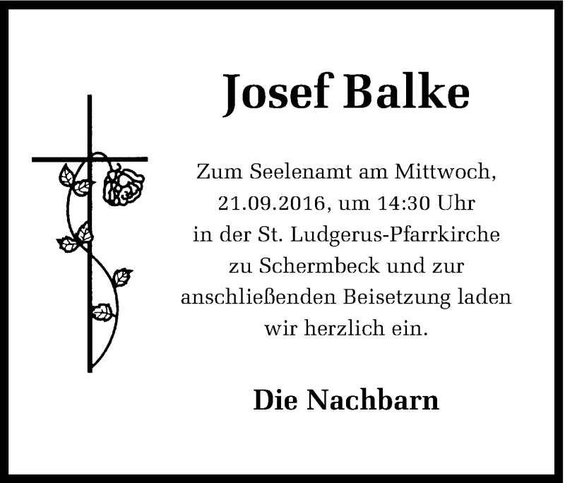  Traueranzeige für Josef Balke vom 19.09.2016 aus Ruhr Nachrichten und Dorstener Zeitung