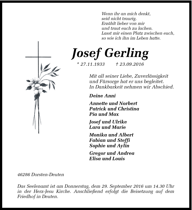  Traueranzeige für Josef Gerling vom 26.09.2016 aus Ruhr Nachrichten und Dorstener Zeitung