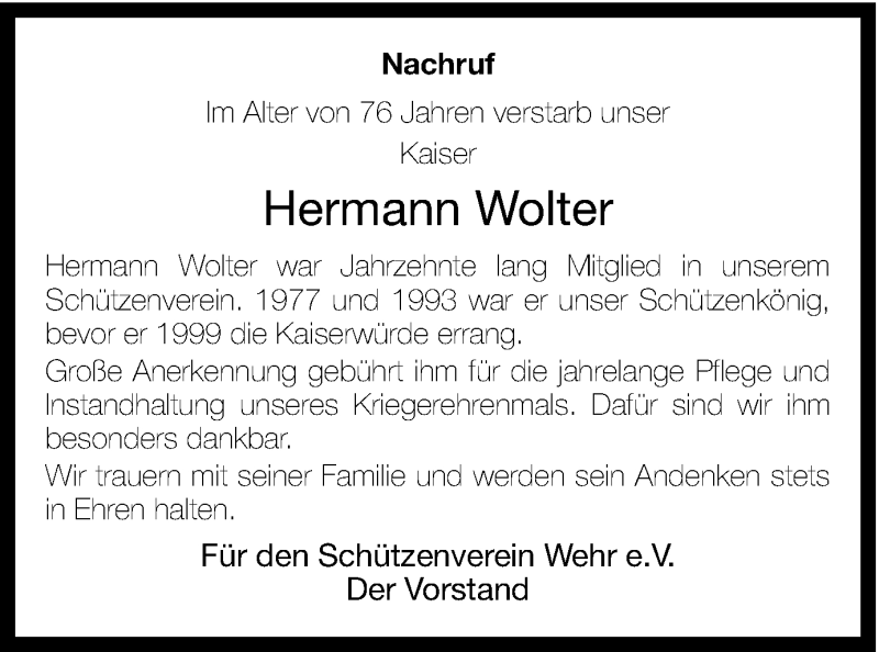  Traueranzeige für Hermann Wolter vom 01.09.2016 aus Münstersche Zeitung und Münsterland Zeitung