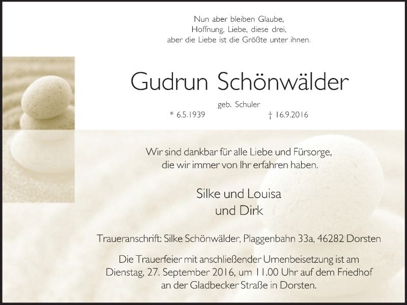  Traueranzeige für Gudrun Schönwälder vom 23.09.2016 aus 