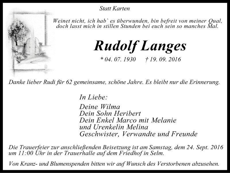  Traueranzeige für Rudolf Langes vom 21.09.2016 aus Ruhr Nachrichten