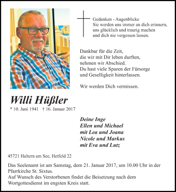 Traueranzeige von Willi Mißler von Ruhr Nachrichten und Halterner Zeitung