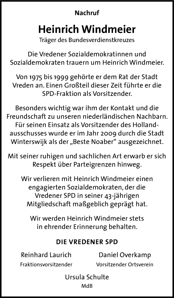  Traueranzeige für Heinrich Windmeier vom 31.01.2017 aus Münstersche Zeitung und Münsterland Zeitung