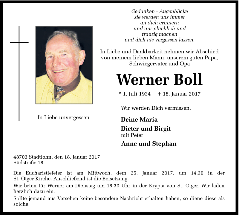  Traueranzeige für Werner Boll vom 21.01.2017 aus Münstersche Zeitung und Münsterland Zeitung