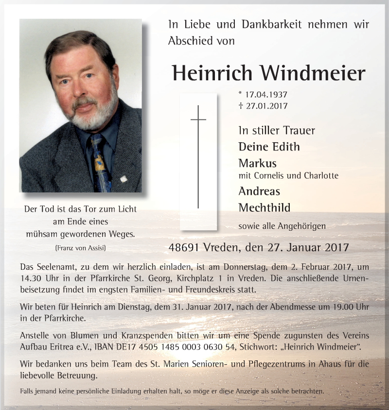  Traueranzeige für Heinrich Windmeier vom 30.01.2017 aus Münstersche Zeitung und Münsterland Zeitung