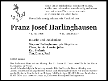 Traueranzeige von Franz Josef Harlinghausen von Ruhr Nachrichten