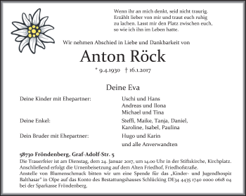 Traueranzeige von Anton Röck von Ruhr Nachrichten