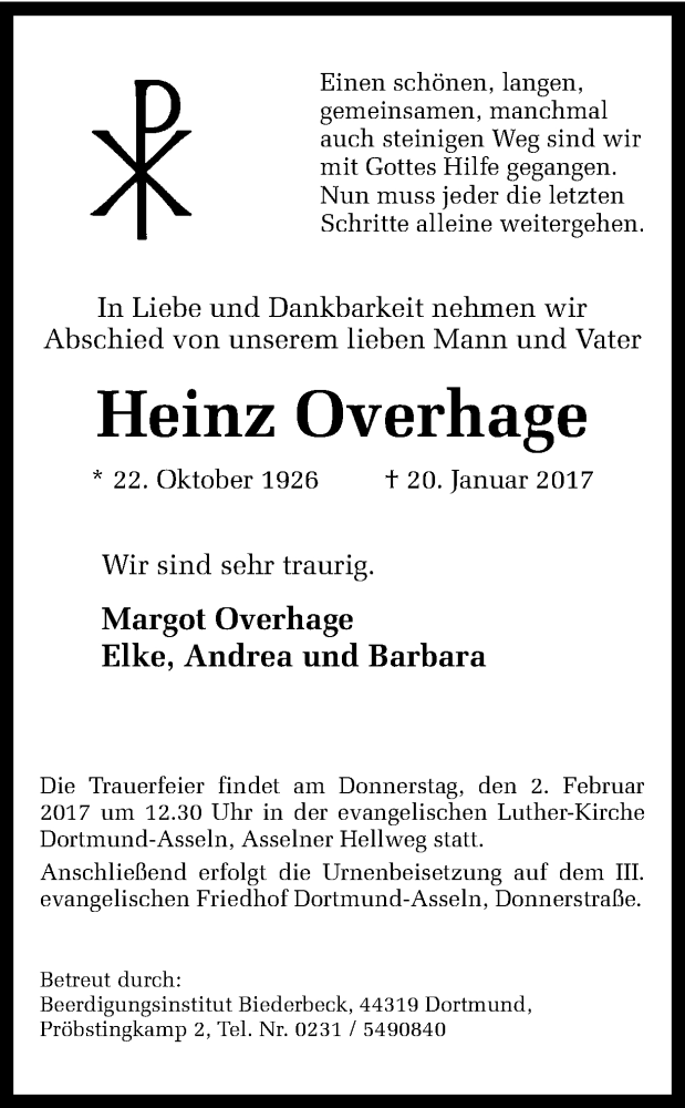  Traueranzeige für Heinz Overhage vom 25.01.2017 aus Ruhr Nachrichten