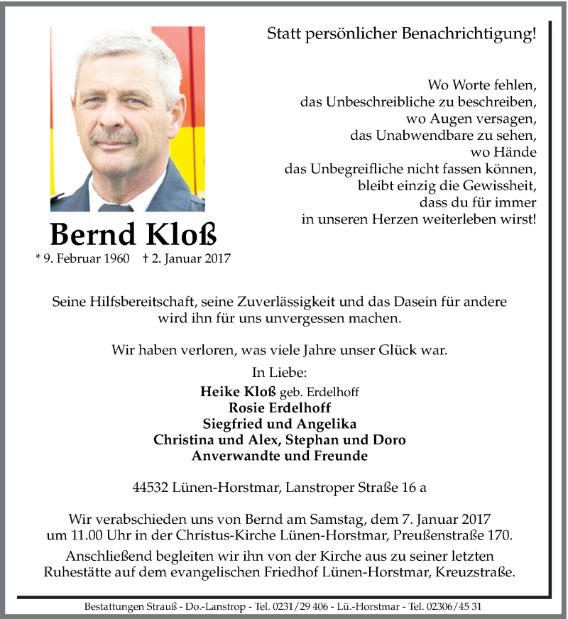  Traueranzeige für Bernd Kloß vom 04.01.2017 aus Ruhr Nachrichten