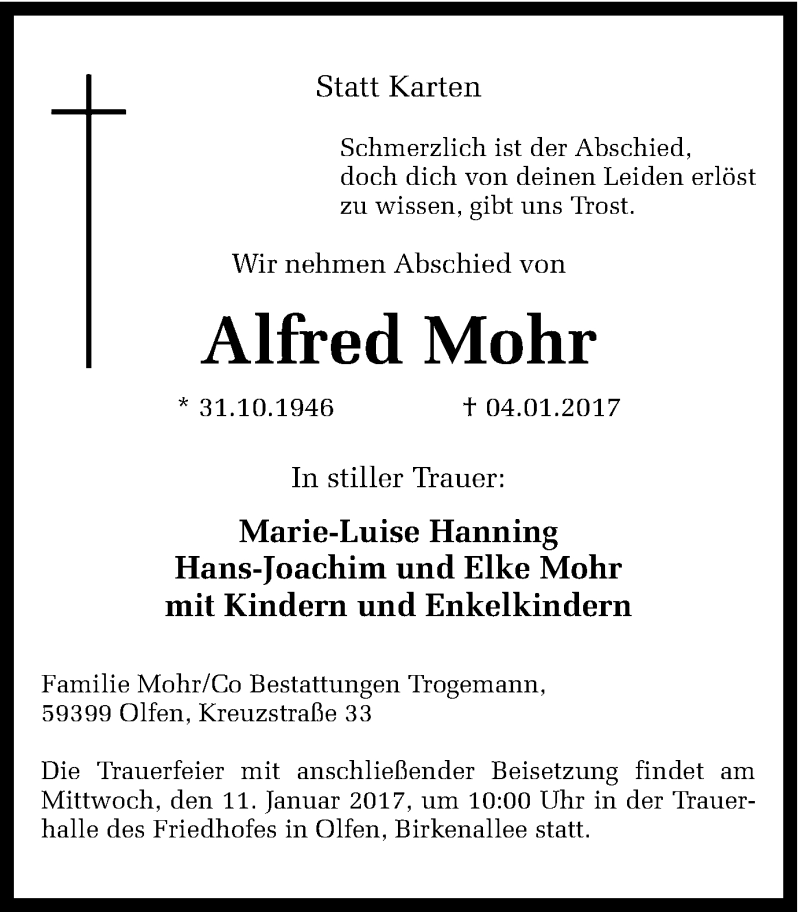  Traueranzeige für Alfred Mohr vom 07.01.2017 aus Ruhr Nachrichten
