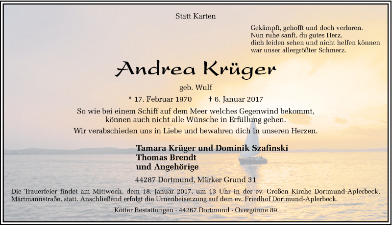  Traueranzeige für Andrea Krüger vom 14.01.2017 aus Ruhr Nachrichten