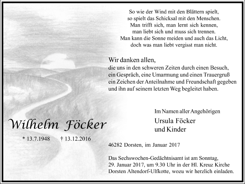  Traueranzeige für Wilhelm Föcker vom 25.01.2017 aus Ruhr Nachrichten und Dorstener Zeitung