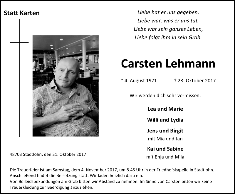  Traueranzeige für Carsten Lehmann vom 31.10.2017 aus Münstersche Zeitung und Münsterland Zeitung