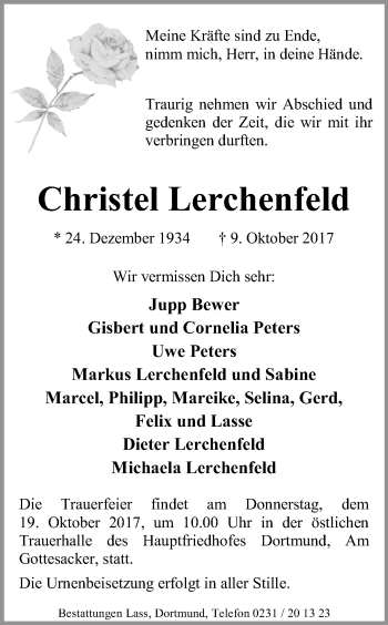 Traueranzeige von Christel Lerchenfeld von Ruhr Nachrichten
