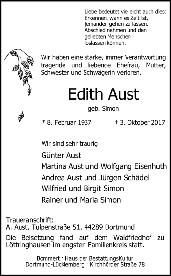 Traueranzeige von Edith Aust von Ruhr Nachrichten