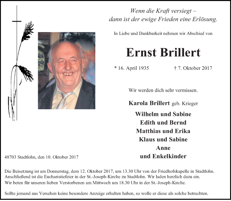  Traueranzeige für Ernst Brillert vom 10.10.2017 aus Münstersche Zeitung und Münsterland Zeitung