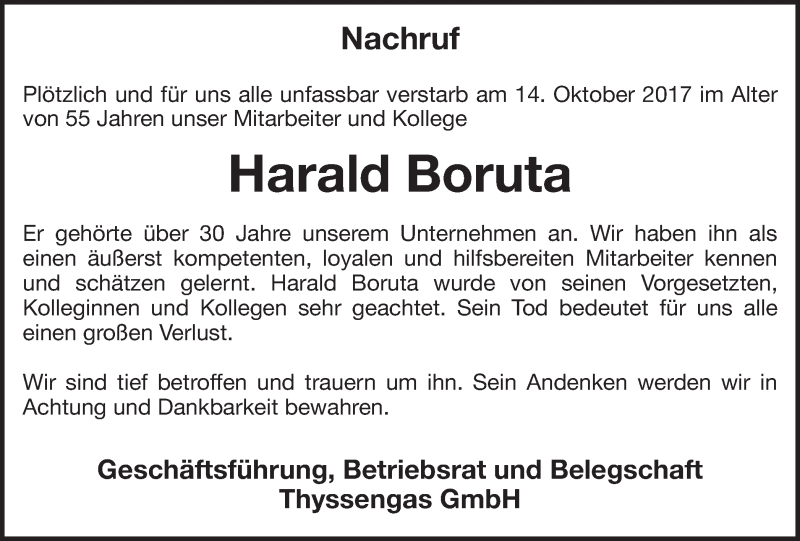  Traueranzeige für Harald Boruta vom 28.10.2017 aus 