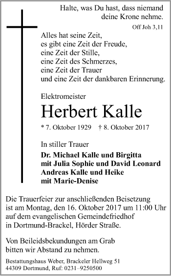 Traueranzeige von Herbert Kalle von Ruhr Nachrichten