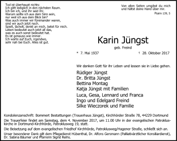 Traueranzeige von Karin Jüngst von Ruhr Nachrichten