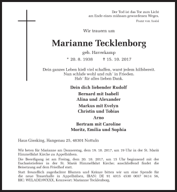 Traueranzeige von Marianne Tecklenborg von Ruhr Nachrichten