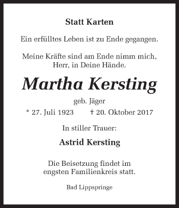 Traueranzeige von Martha Kersting von Ruhr Nachrichten