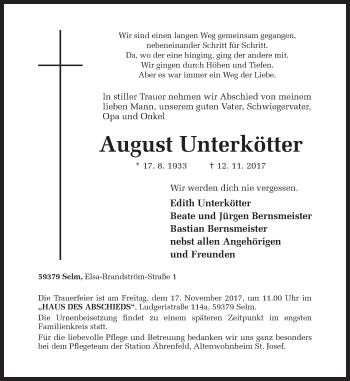 Traueranzeige von August Unterkötter von Ruhr Nachrichten