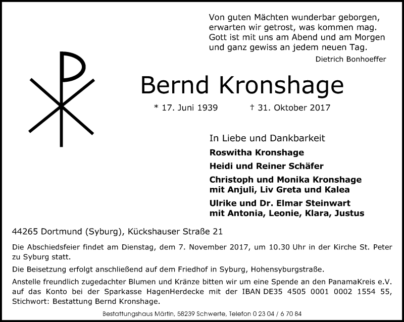  Traueranzeige für Bernd Kronshage vom 03.11.2017 aus Ruhr Nachrichten