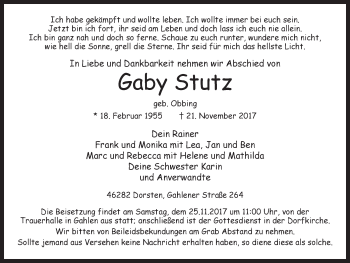 Traueranzeige von Gaby Stutz von Ruhr Nachrichten und Dorstener Zeitung