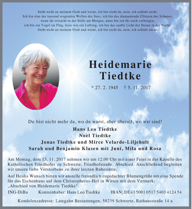  Traueranzeige für Heidemarie Tiedtke vom 09.11.2017 aus Ruhr Nachrichten