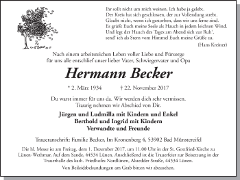 Traueranzeige von Hermann Becker von Ruhr Nachrichten