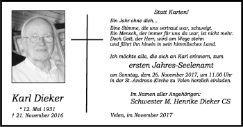 Traueranzeige von Karl Dieker von Münstersche Zeitung und Münsterland Zeitung