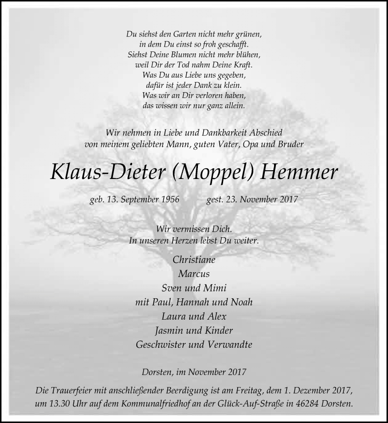  Traueranzeige für Klaus-Dieter Hemmer vom 28.11.2017 aus Ruhr Nachrichten und Dorstener Zeitung