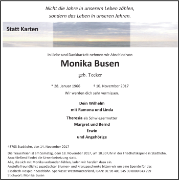 Traueranzeige von Monika Busen von Münstersche Zeitung und Münsterland Zeitung