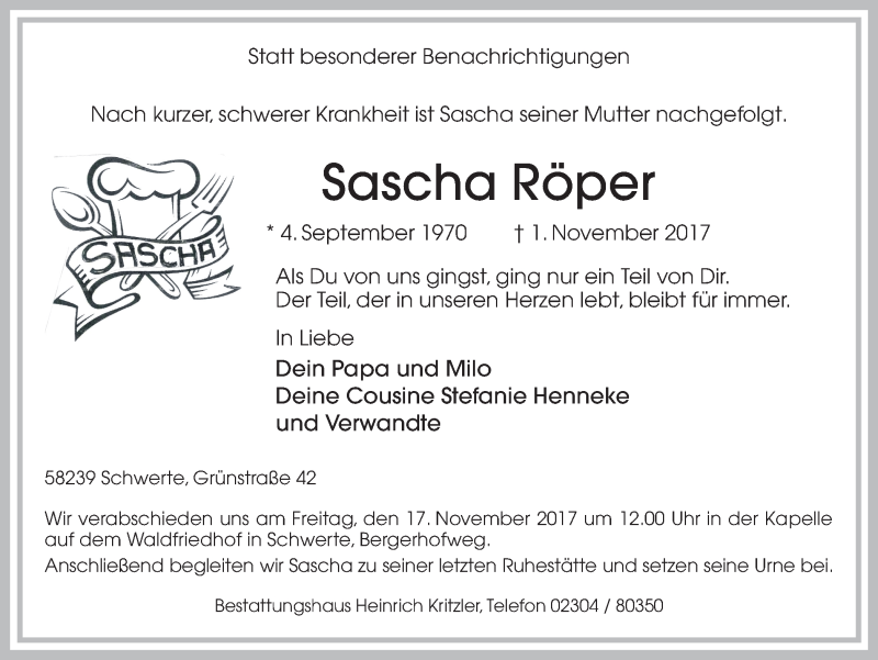  Traueranzeige für Sascha Röper vom 04.11.2017 aus Ruhr Nachrichten