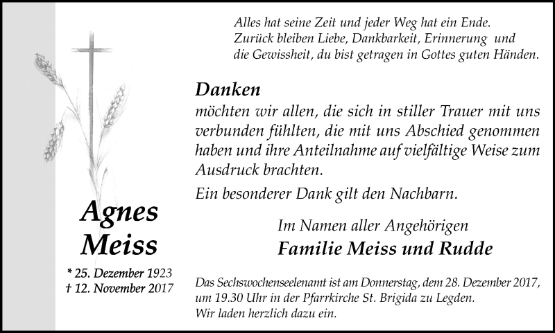  Traueranzeige für Agnes Meiss vom 23.12.2017 aus Münstersche Zeitung und Münsterland Zeitung