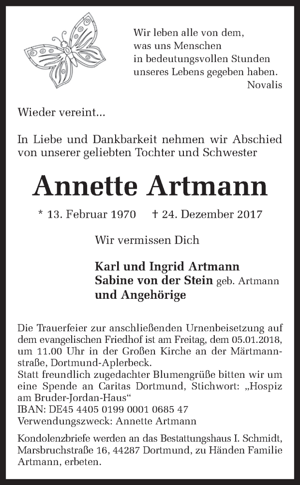  Traueranzeige für Annette Artmann vom 30.12.2017 aus Ruhr Nachrichten
