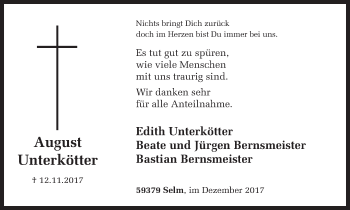 Traueranzeige von August Unterkötter von Ruhr Nachrichten